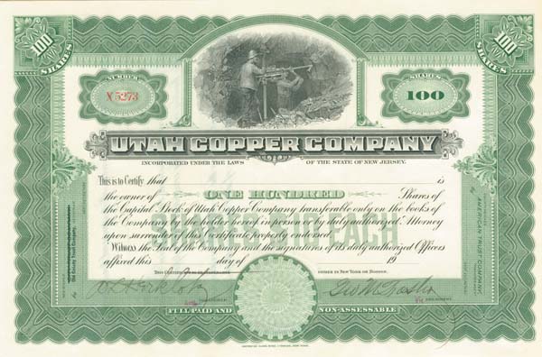 Utah Copper Co. - Mining Stock Certificate